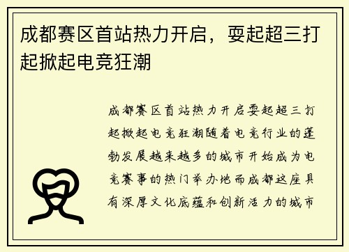 成都赛区首站热力开启，耍起超三打起掀起电竞狂潮