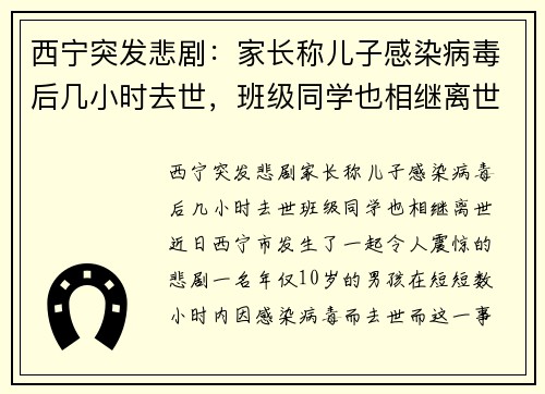 西宁突发悲剧：家长称儿子感染病毒后几小时去世，班级同学也相继离世