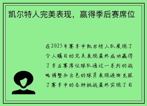 凯尔特人完美表现，赢得季后赛席位