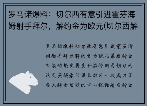罗马诺爆料：切尔西有意引进霍芬海姆射手拜尔，解约金为欧元(切尔西解雇图赫尔)