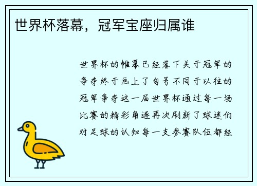 世界杯落幕，冠军宝座归属谁
