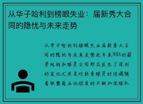 从华子哈利到榜眼失业：届新秀大合同的隐忧与未来走势