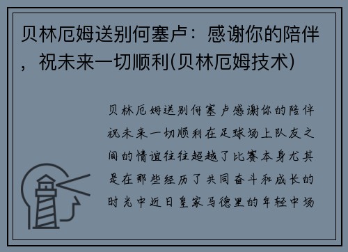 贝林厄姆送别何塞卢：感谢你的陪伴，祝未来一切顺利(贝林厄姆技术)