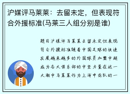 沪媒评马莱莱：去留未定，但表现符合外援标准(马莱三人组分别是谁)